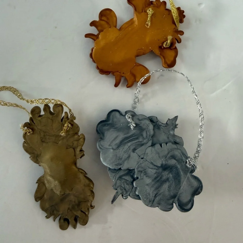 Set of 3 Polymer Hand crafted holiday Mask & faces Ornaments drama gold silver